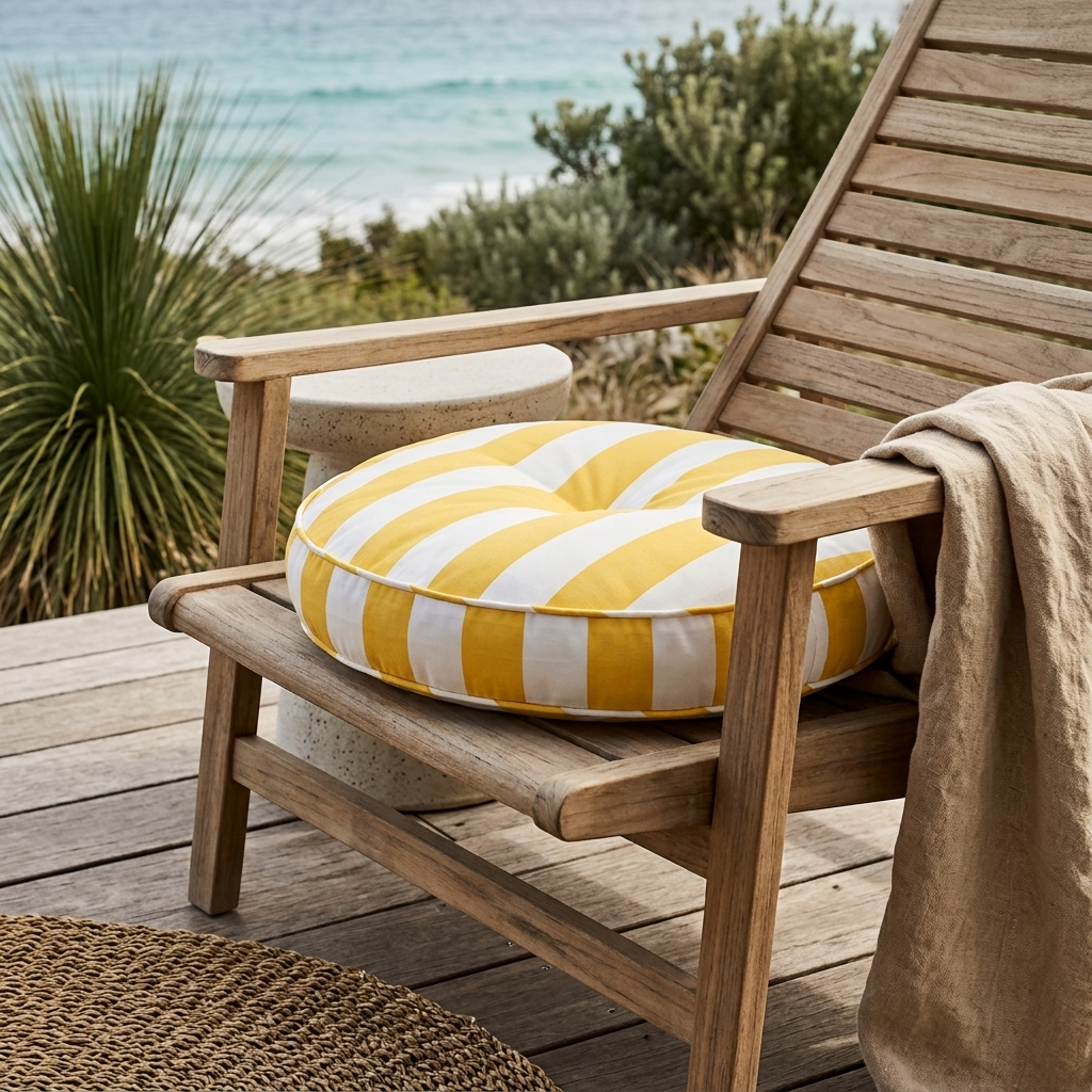 A round outdoor floor cushion with bold yellow and white stripes sits on a wooden beach chair on a deck, with a beach and ocean in the background.