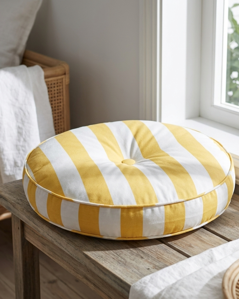 A round floor cushion with yellow and white vertical stripes sits on a rustic wooden table in a bright room next to a window.