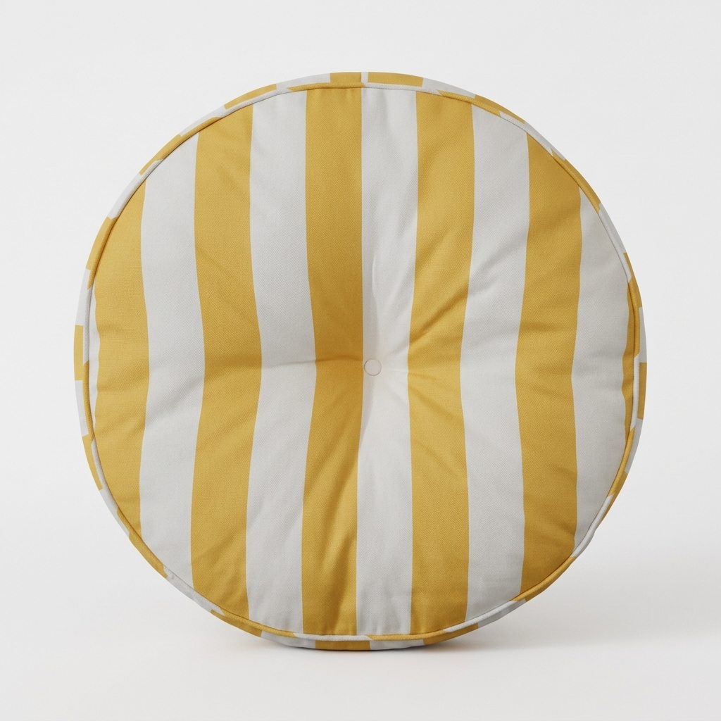Round floor cushion with vertical mustard yellow and white stripes, photographed from directly above on a light gray background.