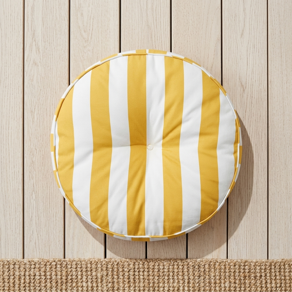 A round floor cushion with vertical yellow and white stripes, shown from a top-down view on a light wood plank floor with a woven rug at the bottom.