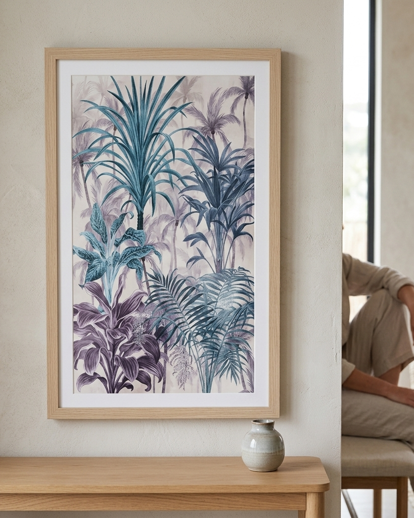 A framed botanical art print featuring blue and purple tropical leaves, displayed on a light wood console table against a textured beige wall, with a person sitting on a chair in the background.
