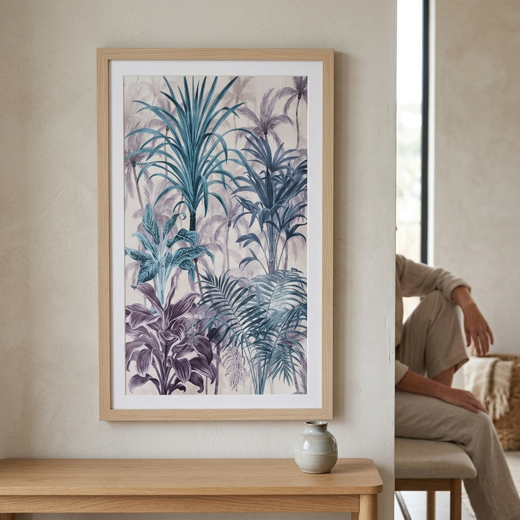 A framed botanical art print featuring blue and purple tropical leaves, displayed on a light wood console table against a textured beige wall, with a person sitting on a chair in the background.