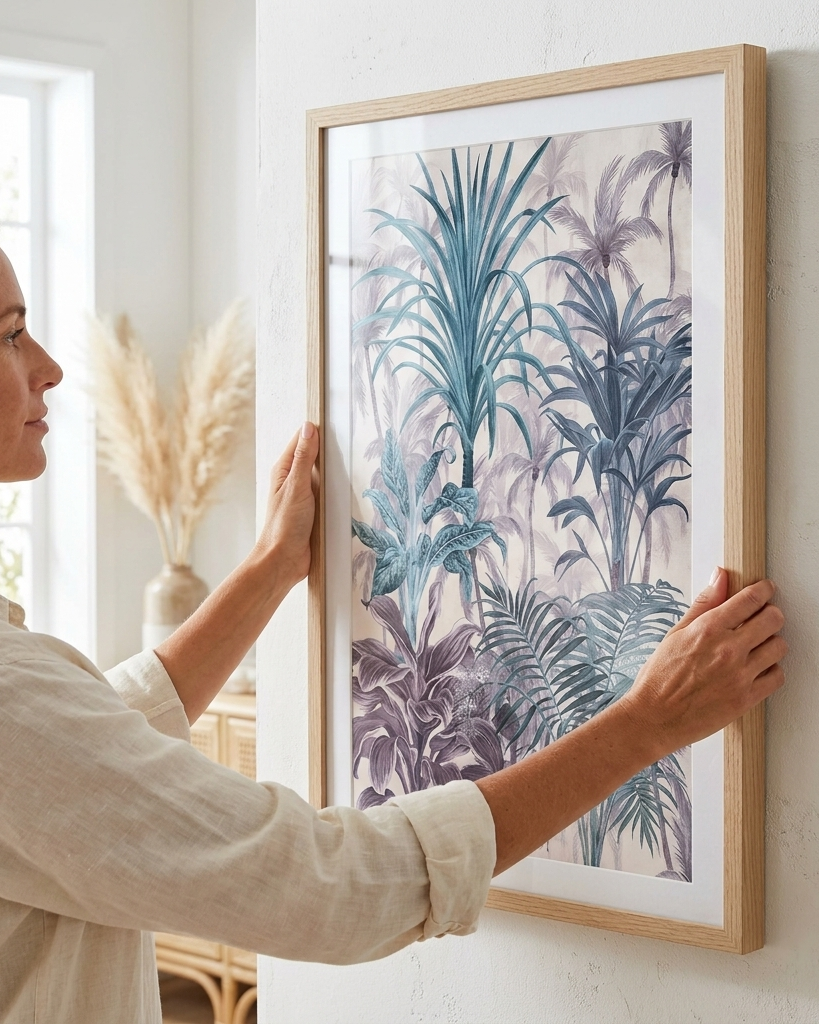 A woman in a beige shirt is shown from the side as she hangs a framed botanical art print on a textured white wall. The print features a light oak frame with a white mat and showcases a tropical jungle plant pattern in shades of teal, blue, and purple on a pale background.
