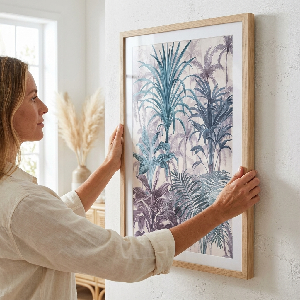 A woman in a beige shirt is shown from the side as she hangs a framed botanical art print on a textured white wall. The print features a light oak frame with a white mat and showcases a tropical jungle plant pattern in shades of teal, blue, and purple on a pale background.