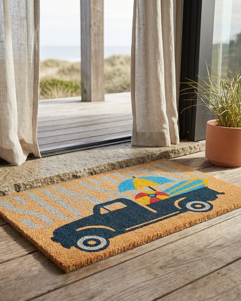 A rectangular coir doormat with a cartoon beach truck carrying a yellow beach umbrella, placed on a wooden deck in front of a glass door with curtains and a potted plant nearby.