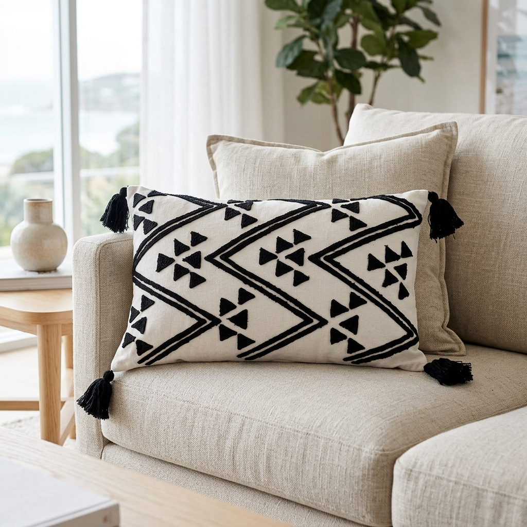 A rectangular throw pillow with a black geometric pattern on a cream background, styled on a light beige sofa in a bright living room.