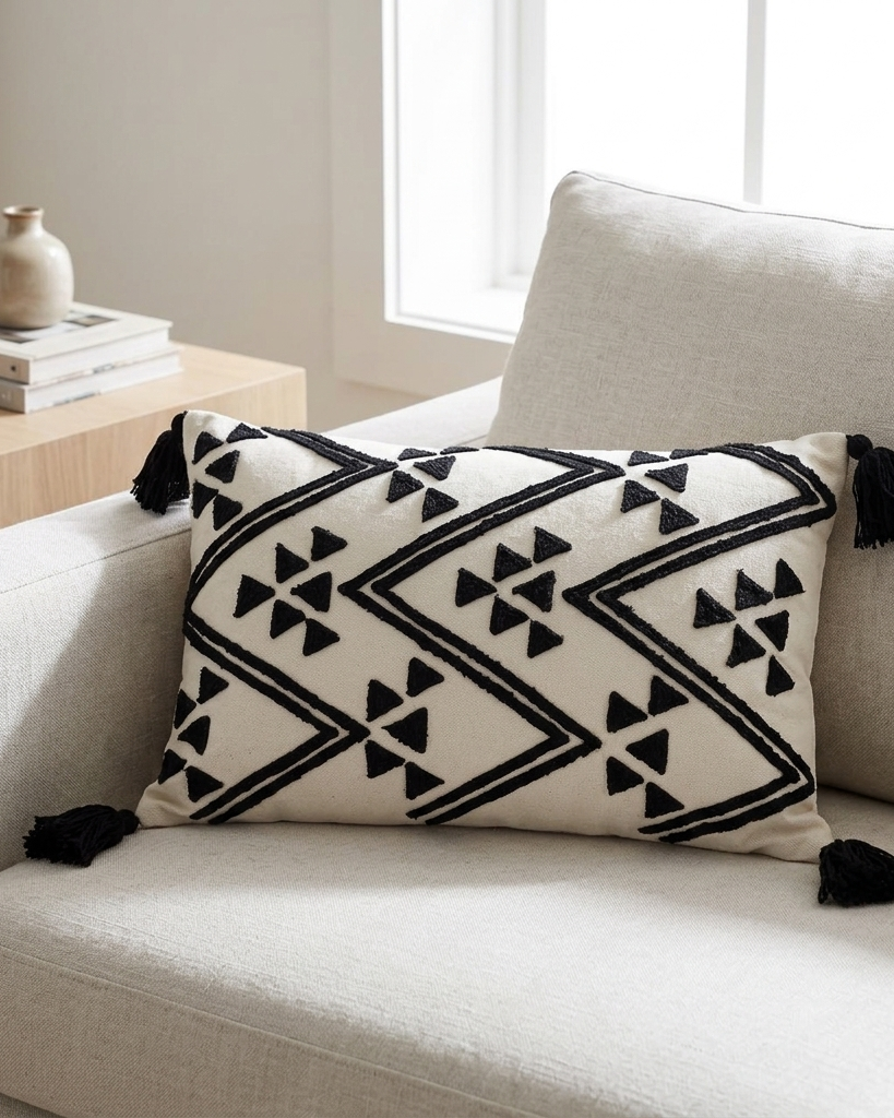 A rectangular throw pillow with a black geometric pattern on a cream background, styled on a light beige sofa in a bright living room setting.