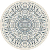 Round rug with a detailed blue mandala pattern on a white background