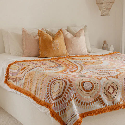 Bed with patterned blanket and pillows in a bedroom setting