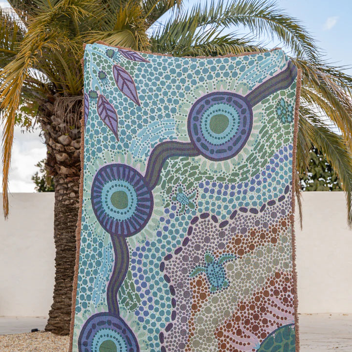 Colorful abstract patterned rug with palm trees in the background