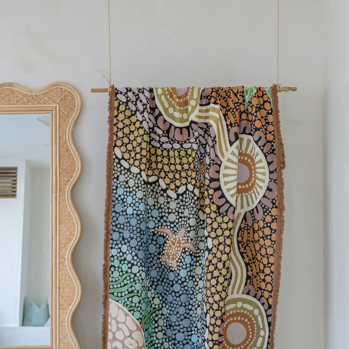 Colorful abstract tapestry hanging on a wall next to a mirror.