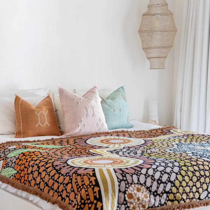 Decorative blanket with a colorful pattern on a bed in a bedroom setting.