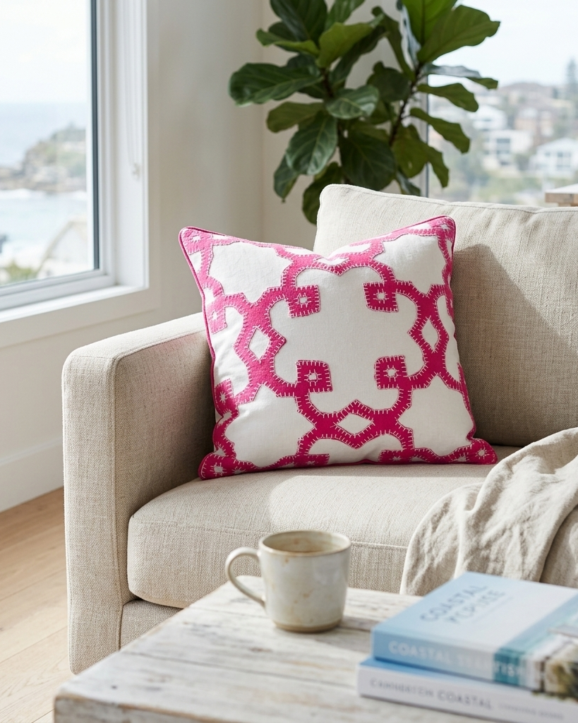A square throw pillow with a bright pink geometric trellis pattern on an off-white background, styled on a beige armchair in a bright living room setting.