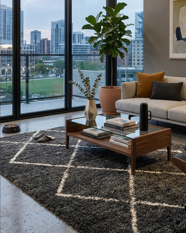 Modern living room with a large window view, gray sofa, and wooden coffee table.
