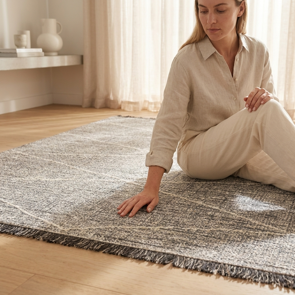 A woman in a beige linen outfit sits on a textured gray and white area rug with fringe, placed on a light wood floor in a bright, modern room.