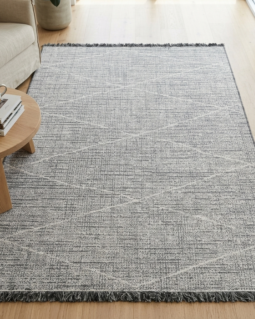 A rectangular area rug with a textured gray and off-white geometric pattern and fringe edges, shown on a light wood floor in a living room setting next to a wooden coffee table and a beige armchair.