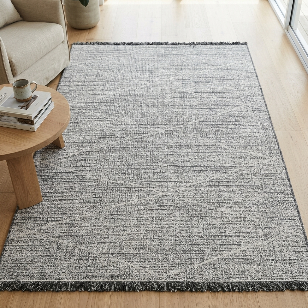 A rectangular area rug with a textured gray and off-white geometric pattern and fringe edges, shown on a light wood floor in a living room setting next to a wooden coffee table and a beige armchair.