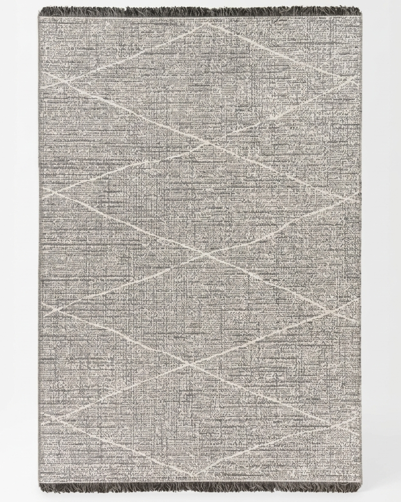 A rectangular woven throw blanket with a textured gray and beige geometric diamond pattern and dark fringe on the top and bottom edges, shown against a plain white background.
