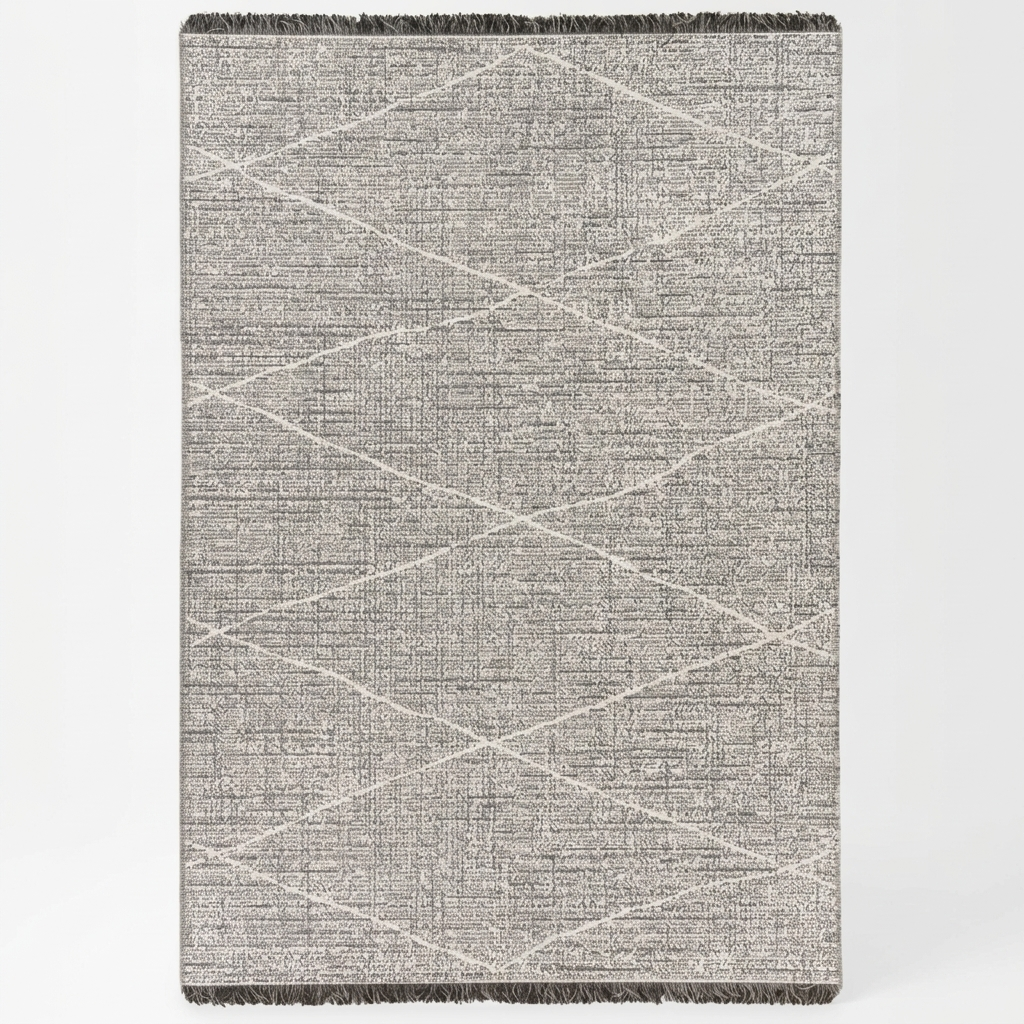 A rectangular woven throw blanket with a textured gray and beige geometric diamond pattern and dark fringe on the top and bottom edges, shown against a plain white background.
