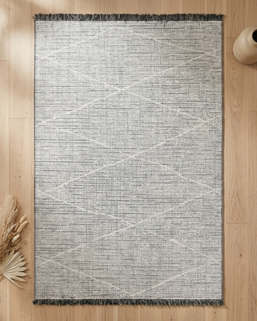 A rectangular area rug with a textured gray and off-white geometric diamond pattern, styled on a light wood floor with dried pampas grass and a ceramic vase.
