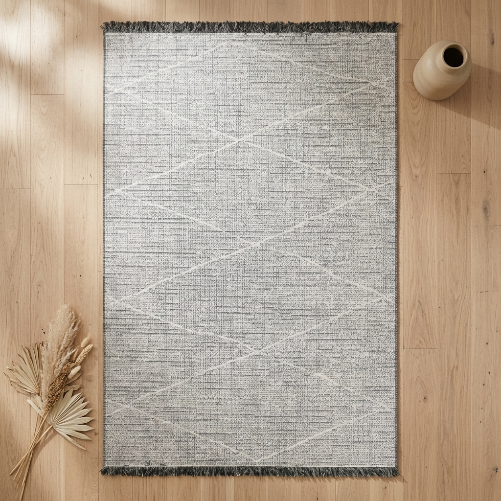 A rectangular area rug with a textured gray and off-white geometric diamond pattern, styled on a light wood floor with dried pampas grass and a ceramic vase.