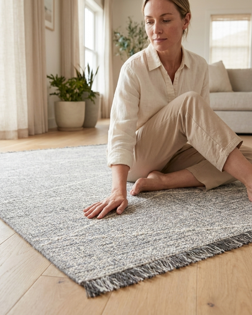 A woman sits cross-legged on a textured gray and white woven area rug in a bright, modern living room with light wood floors and neutral decor.