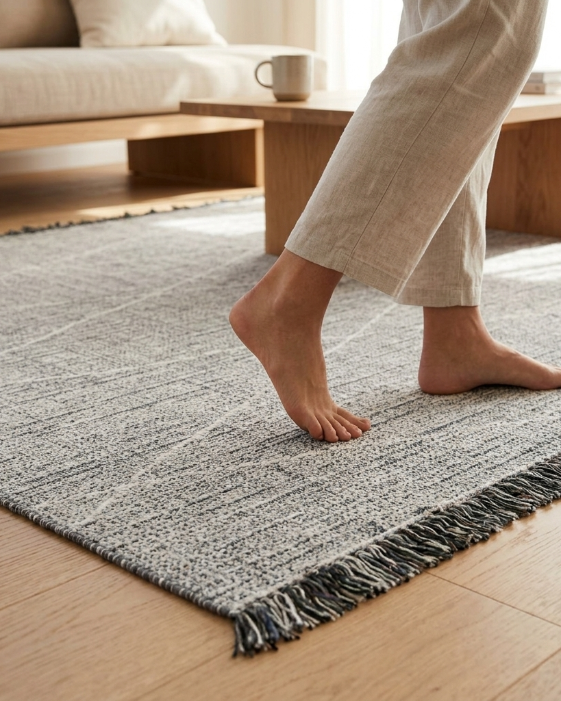 A close-up of a person's bare feet stepping onto a textured gray and white woven area rug with black fringe, placed on a light wood floor in a bright, modern living room.