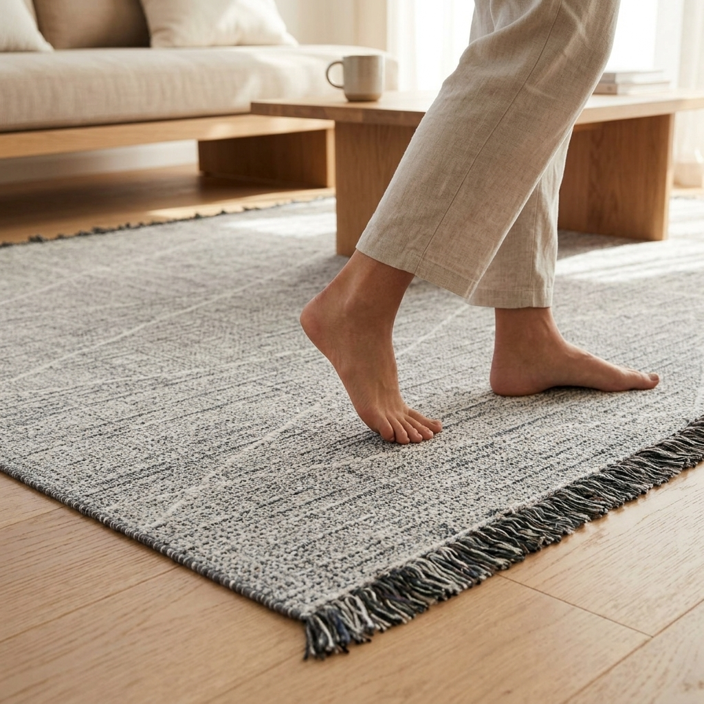 A close-up of a person's bare feet stepping onto a textured gray and white woven area rug with black fringe, placed on a light wood floor in a bright, modern living room.