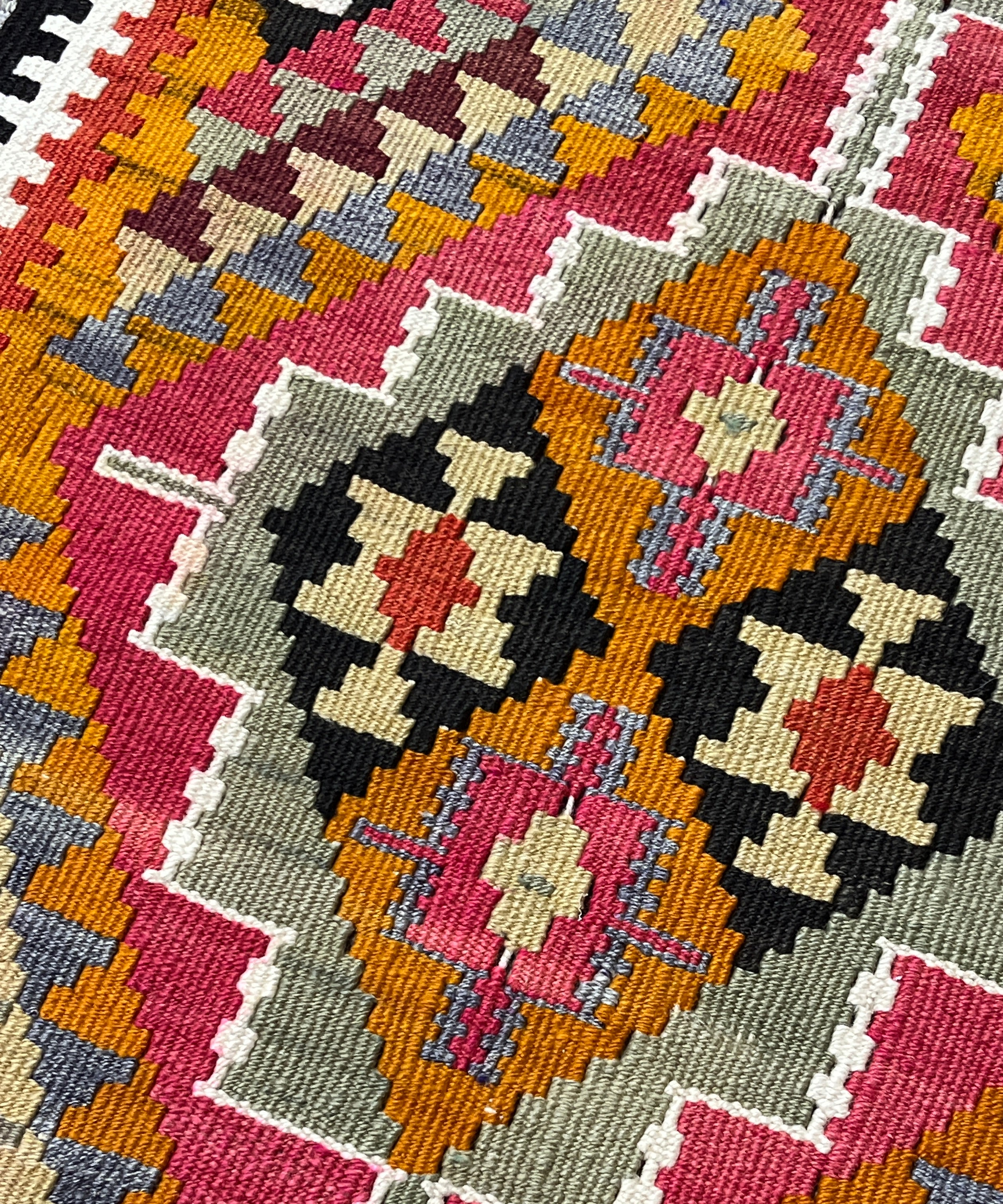 Close-up of a colorful patterned fabric with geometric design