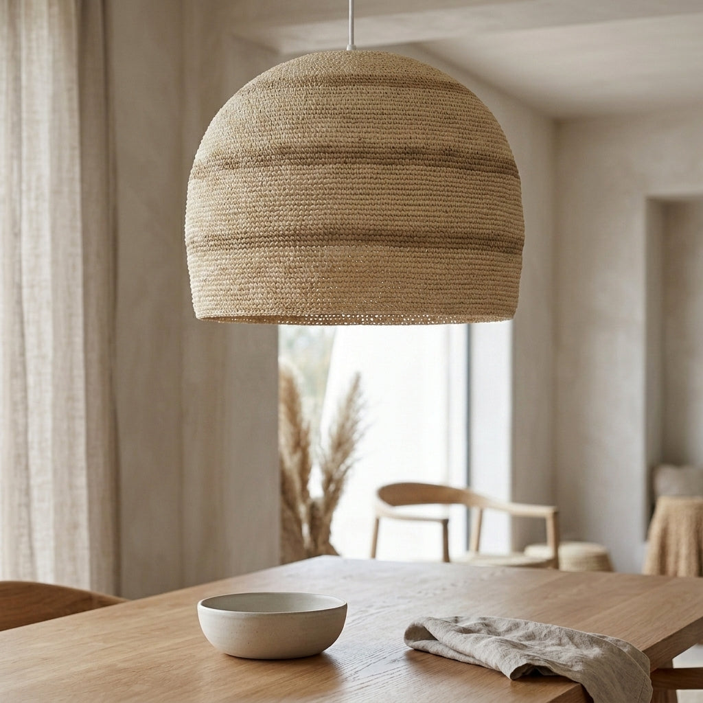A woven dome-shaped pendant light in a natural beige jute or seagrass material hangs over a wooden dining table in a softly lit, minimalist room.