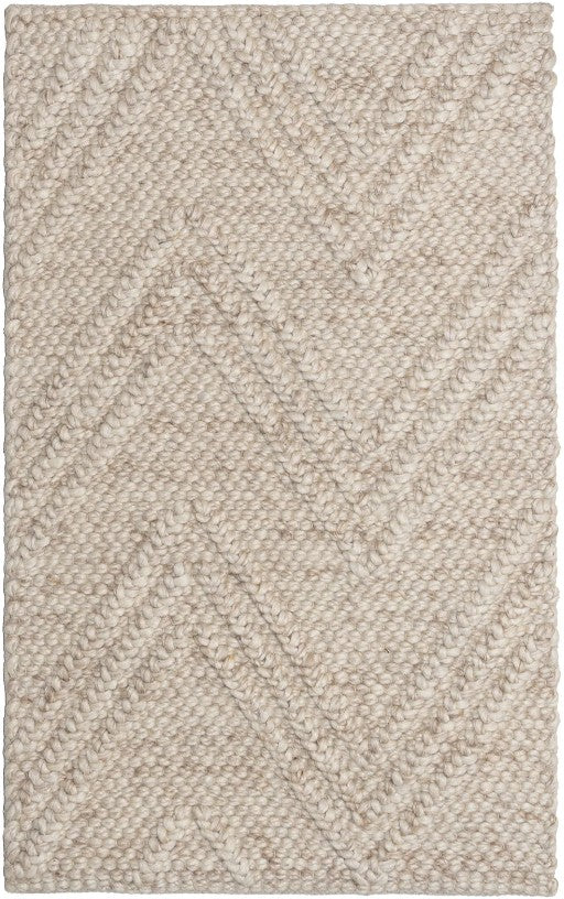A rectangular rug with a subtle marled chevron pattern in creamy sand color, featuring a textured weave design.