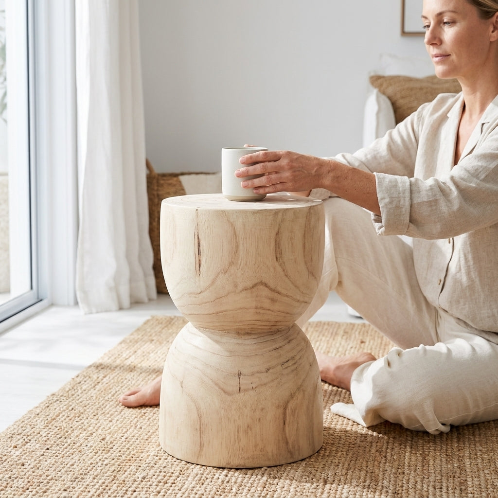 A woman in light beige loungewear sits cross-legged on a woven jute rug next to a small round wooden side table, holding a white mug in a bright, modern room.