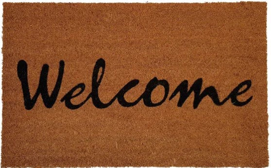 Doormat with 'Welcome' text on a brown background
