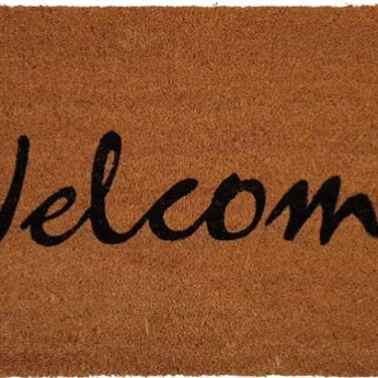 Doormat with 'Welcome' text on a brown background