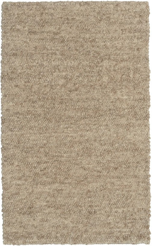 A handwoven textured caramel-colored wool rug with a looped and sheared pile, giving it a natural and tactile appearance.