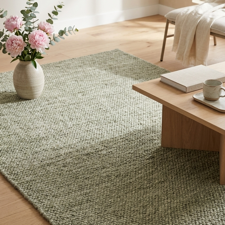 Living room with a green rug, wooden coffee table, and pink flowers.