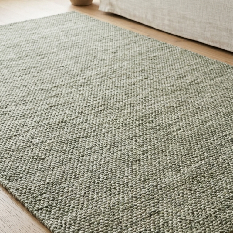 Green rug on a wooden floor with a beige sofa in the background