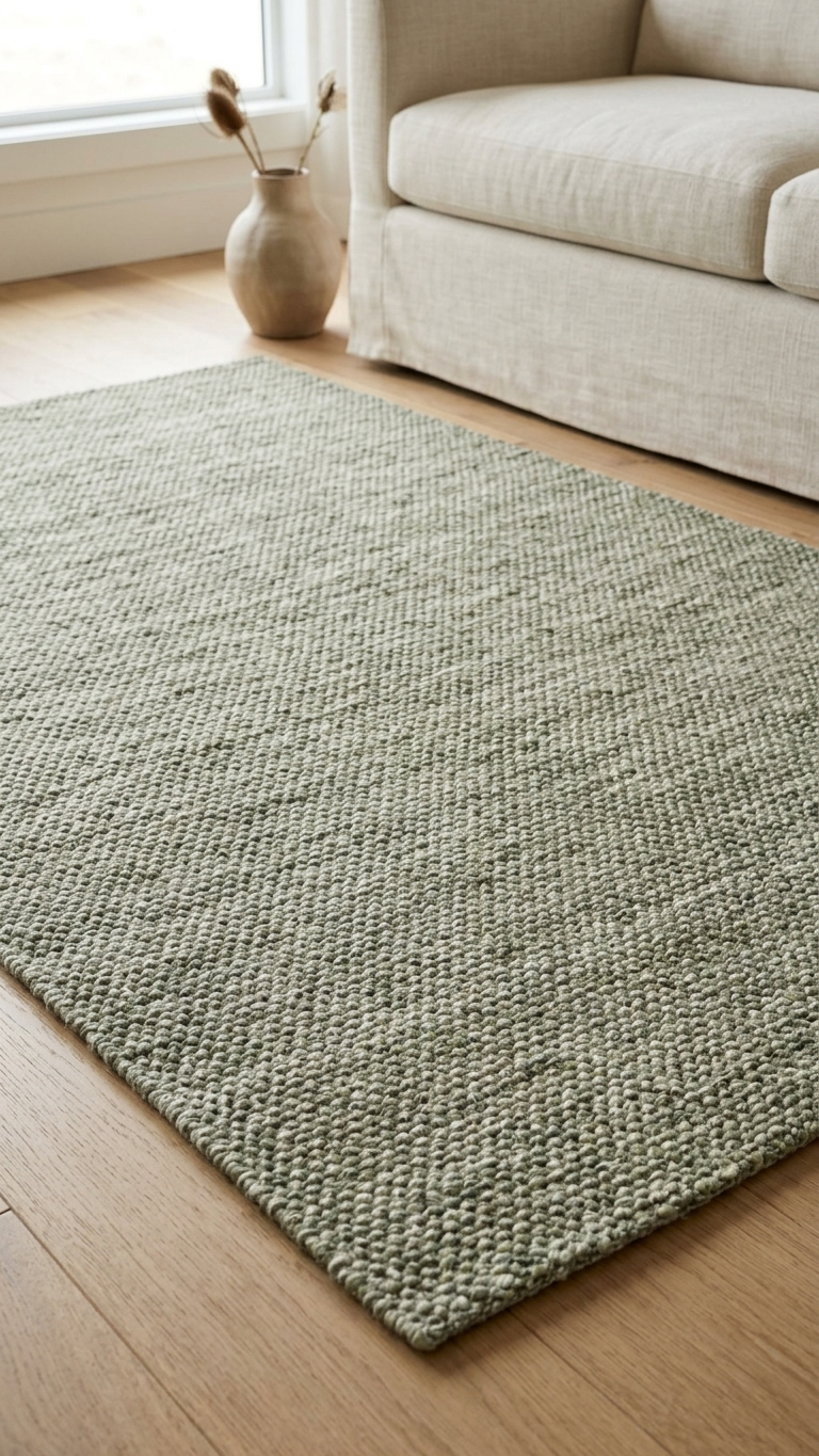 Green rug on a wooden floor with a beige sofa in the background