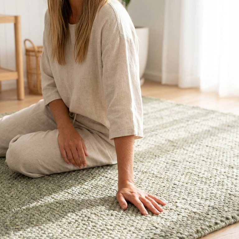 Woman sitting on a green rug in a room with white walls and a plant.