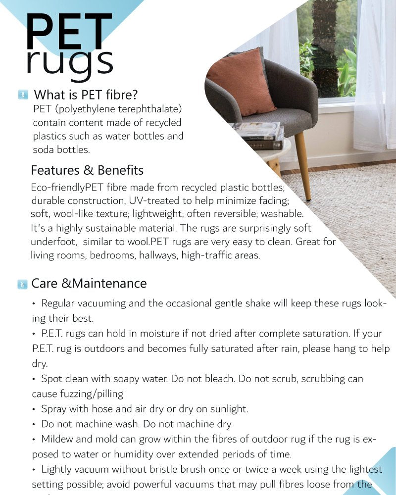 Advertisement for PET rugs with text and a chair on a rug.