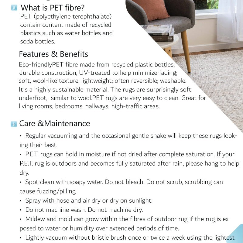 Advertisement for PET rugs with text and a chair on a rug.
