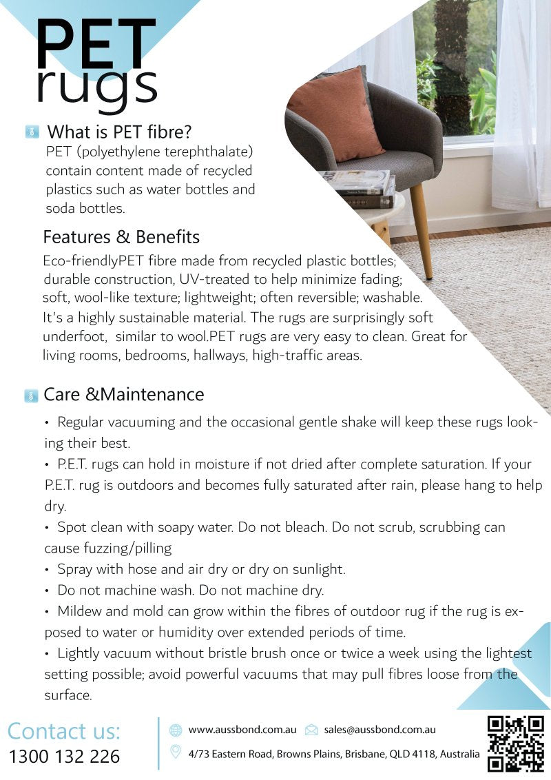 Advertisement for PET rugs with text and a chair on a rug.
