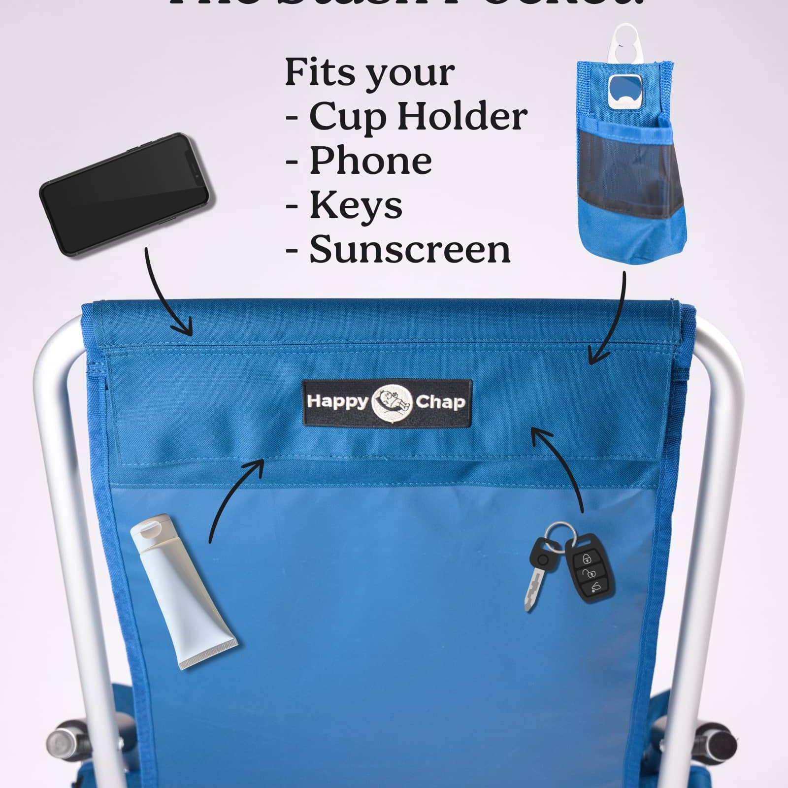 Blue folding chair with a stash pocket labeled 'Happy Chap' on a white background.