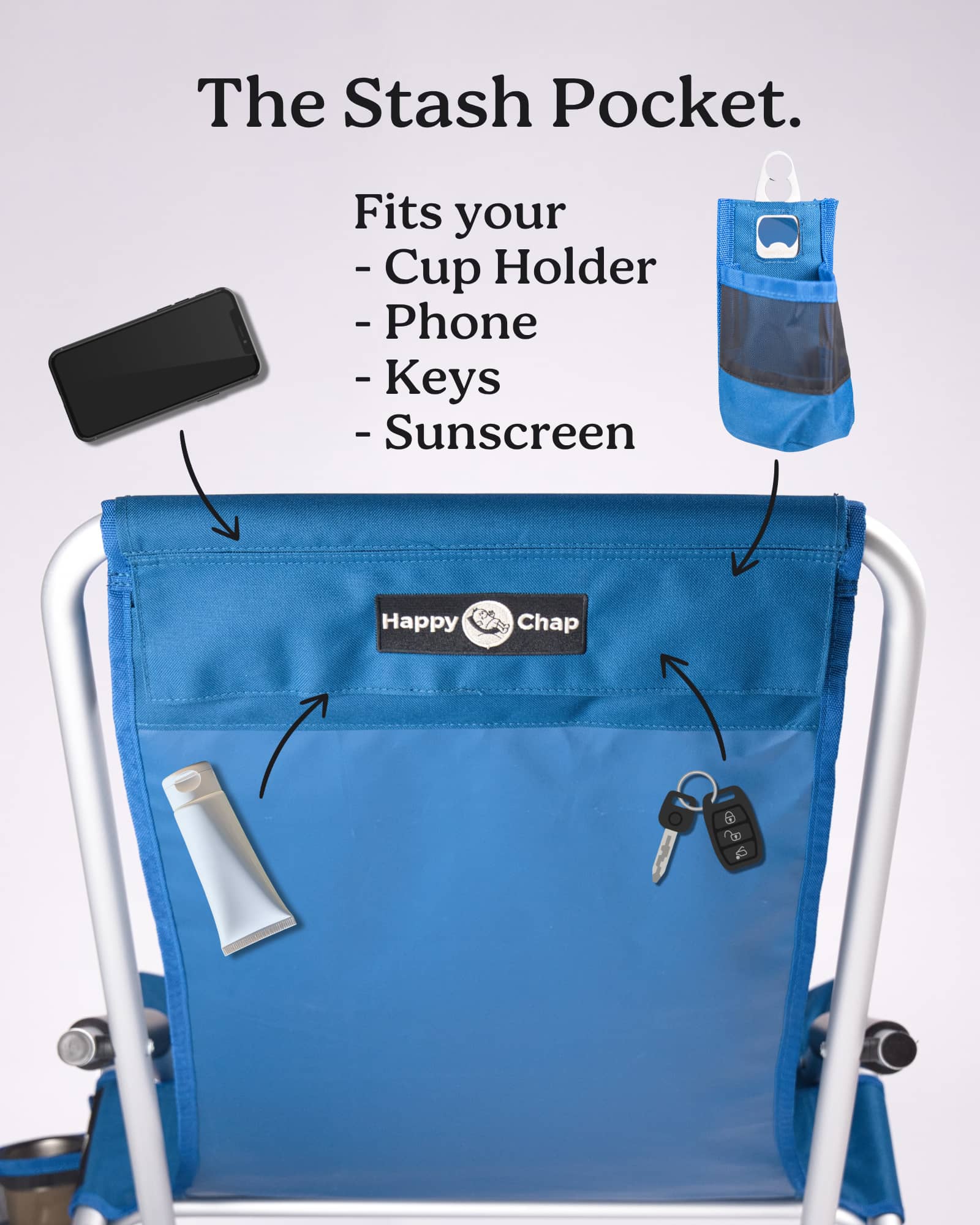 Blue folding chair with a stash pocket labeled 'Happy Chap' on a white background.