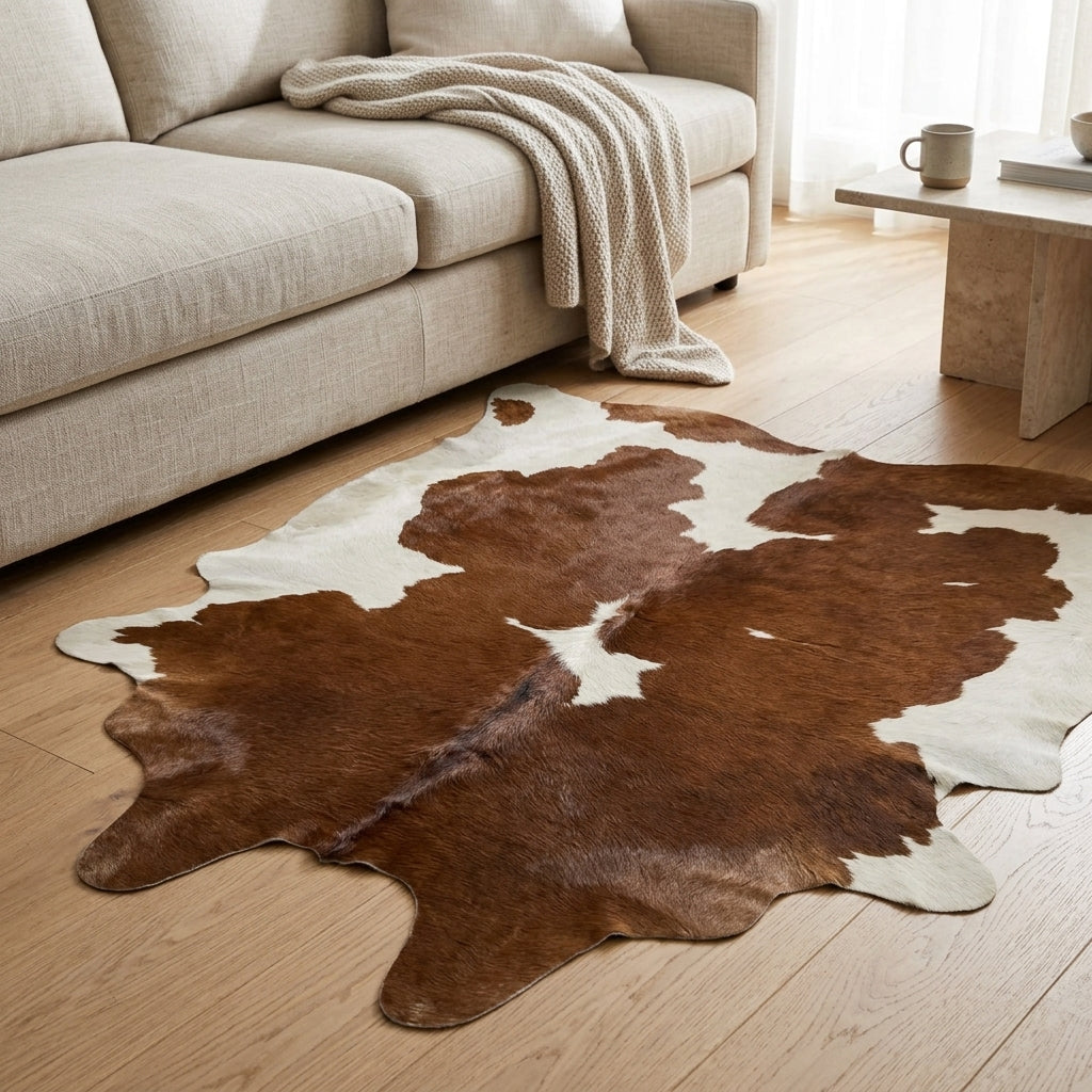 Brown and white cowhide rug on a wooden floor in a living room setting.