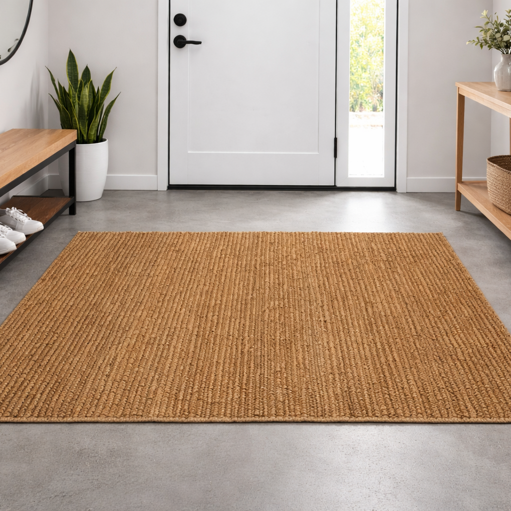 chunky jute rug in rust in modern entry way