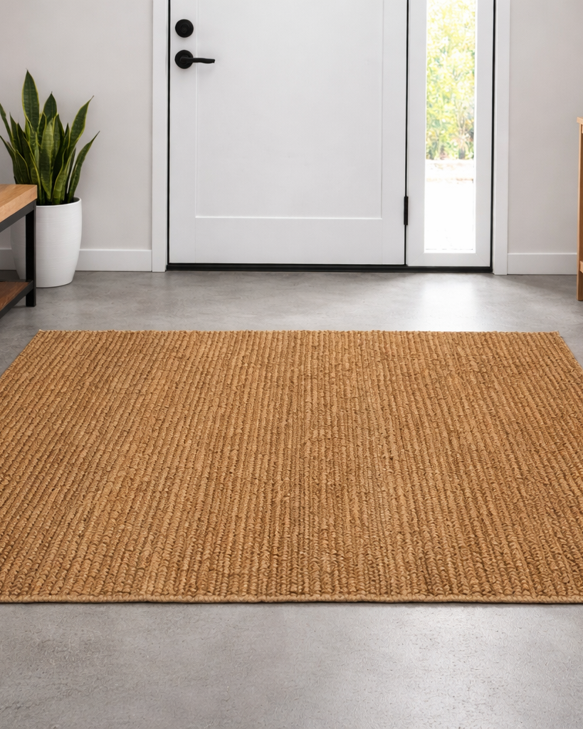 chunky jute rug in rust in modern entry way