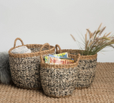 Two woven baskets on a carpeted floor with books and a plant.