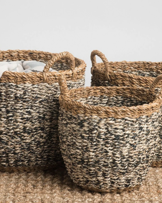 Set of woven baskets on a neutral background