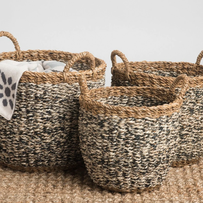 Set of woven baskets on a neutral background